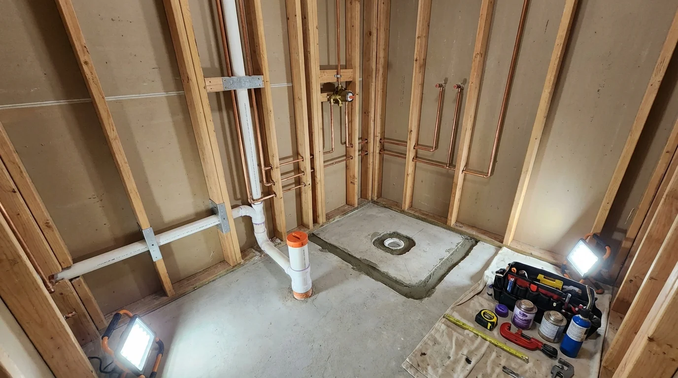 Bathroom rough-in plumbing during remodel by Johns Plumbing LLC in Carrington