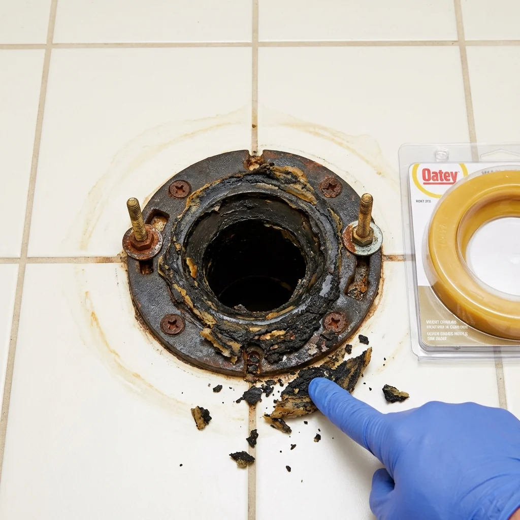 Failed wax ring showing water seepage at the base of a toilet in a Carrington, ND home