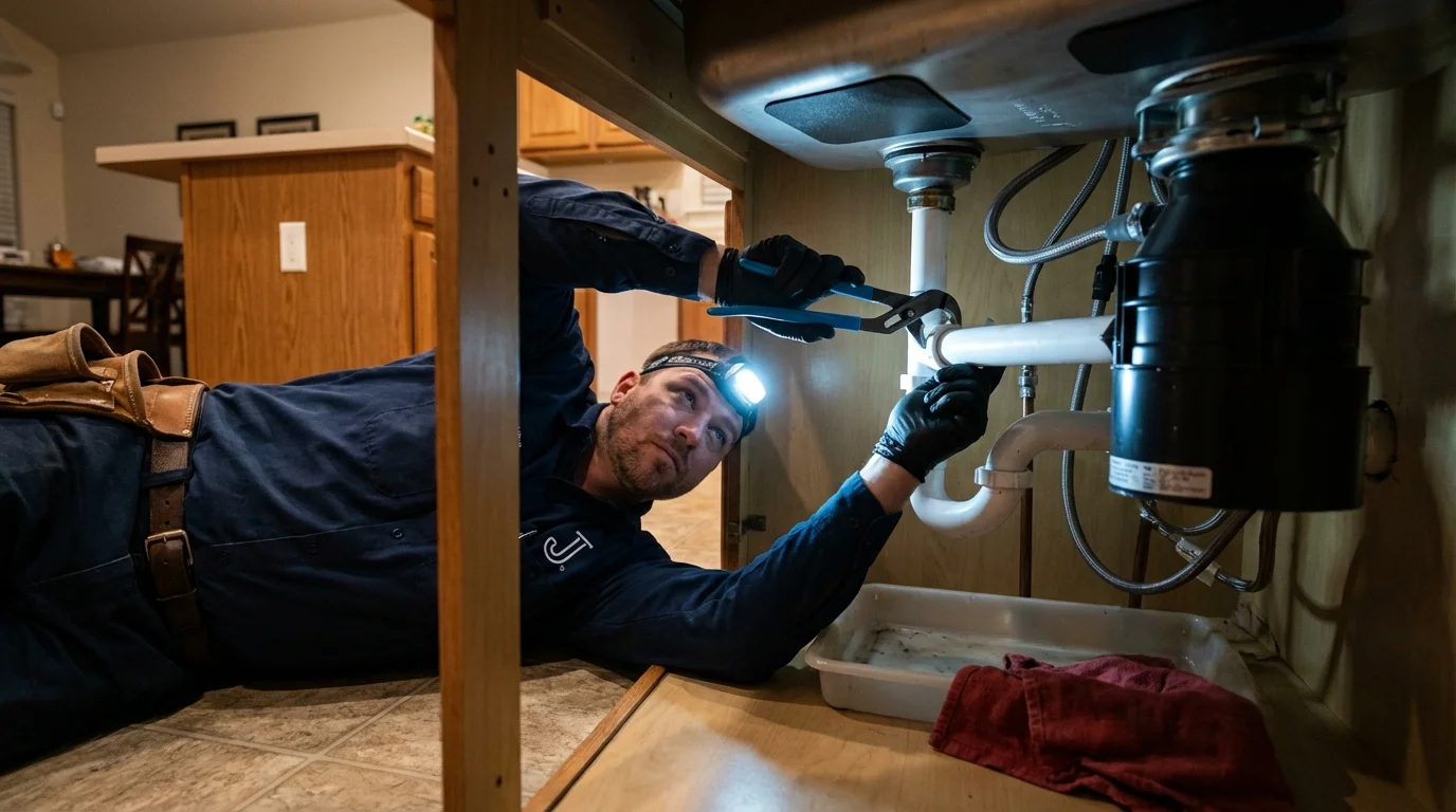 P-trap and supply line connections under a kitchen sink showing a common leak point in Carrington, ND